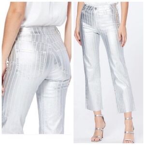 Paige Metallic Chrome holographic Jeans Silver Coated flare high rise pinstripe